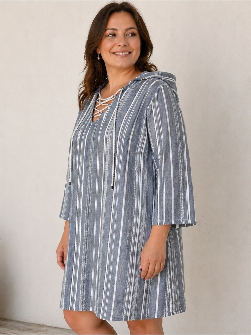 Swimsuits For All Cover Up Dress Plus Size 18/20 100% Cotton Stripe Hooded Beach